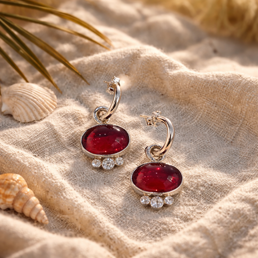 Red Pebble  Hoop Earrings